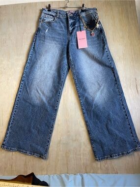 Juicy Couture Wide Leg Blue Denim Jeans with Pink Tag & Gold Chain